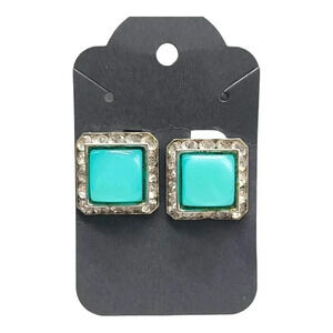 Coro Blue Thermoset Clear Rhinestone Clip Earrings Silver Tone Square Vintage